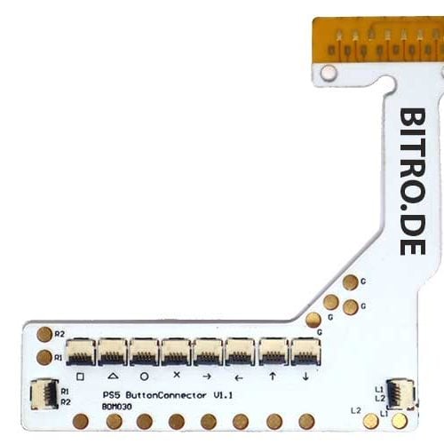 Der PS5 Remapper V2 BDM030/040/050 ist eine weiße, mit BITRO.DE beschriftete Knopfleistenplatine für den PS5-Controller mit mehreren Anschlüssen, beschrifteten Punkten für R1, R2, L1, L2 und mehreren Schaltern am unteren Rand.